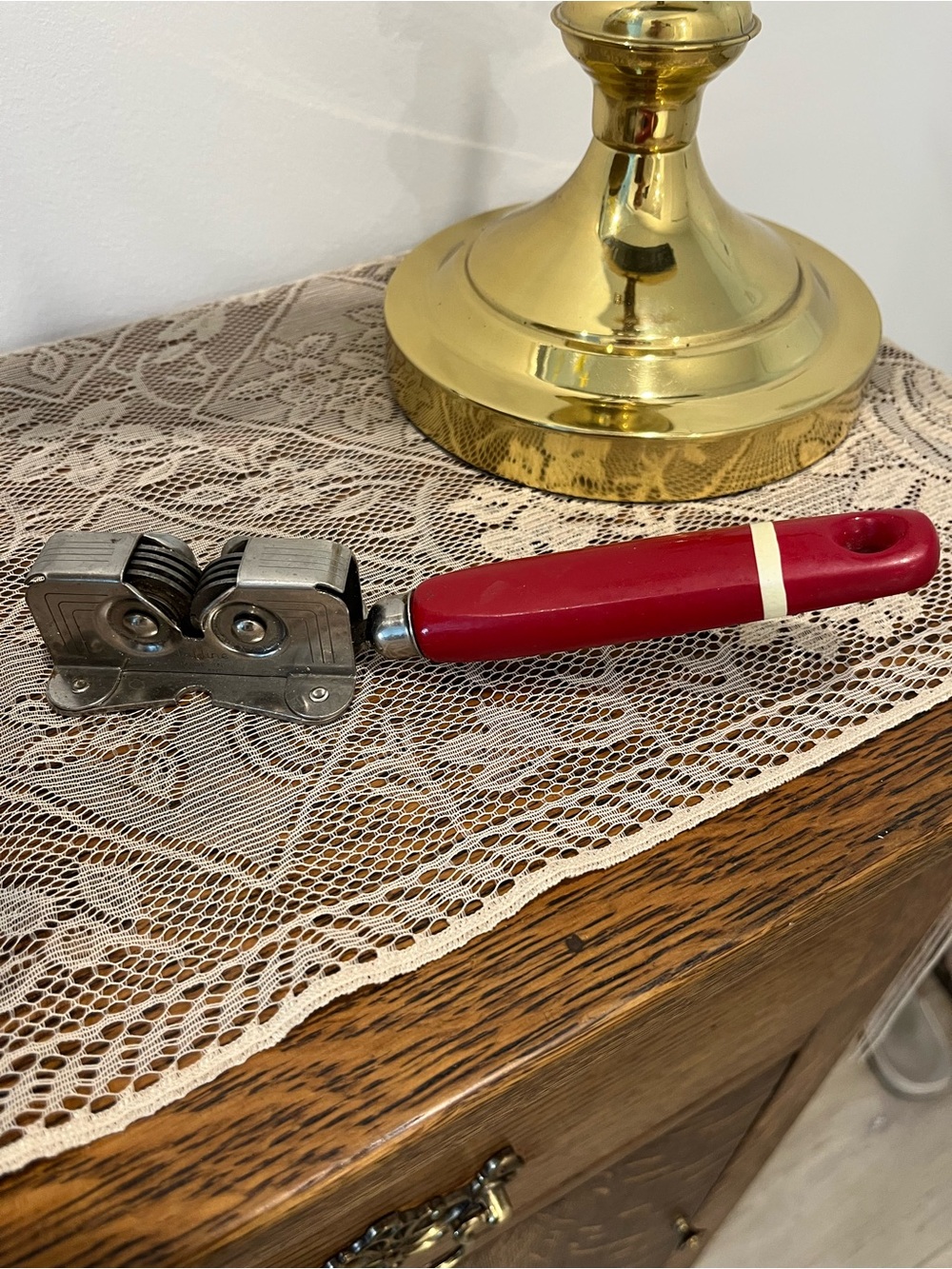 999 Vintage Kitchen Utensil Red Handle knife sharpener cottage core